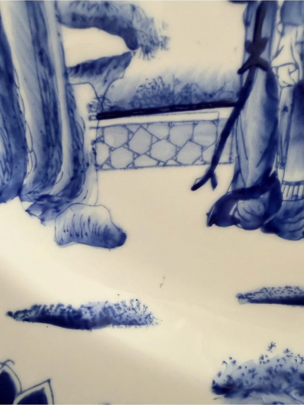Blue and White Hand-Painted Oval Serving Tray Platter Court Ladies in Garden 14”
